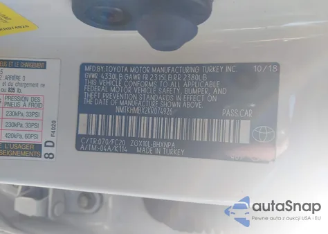 2019 Toyota C-Hr Le z USA, uszkodzony, nr VIN NMTKHMBX2KR074926